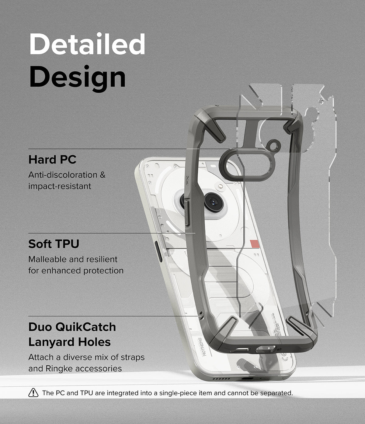 Nothing Phone (2a) / (2a) Plus Case | Fusion-X - Nothing Phone (2a) Fusion-X Case - Exploded view of a gray protective case highlighting PC and TPU materials and lanyard holes.