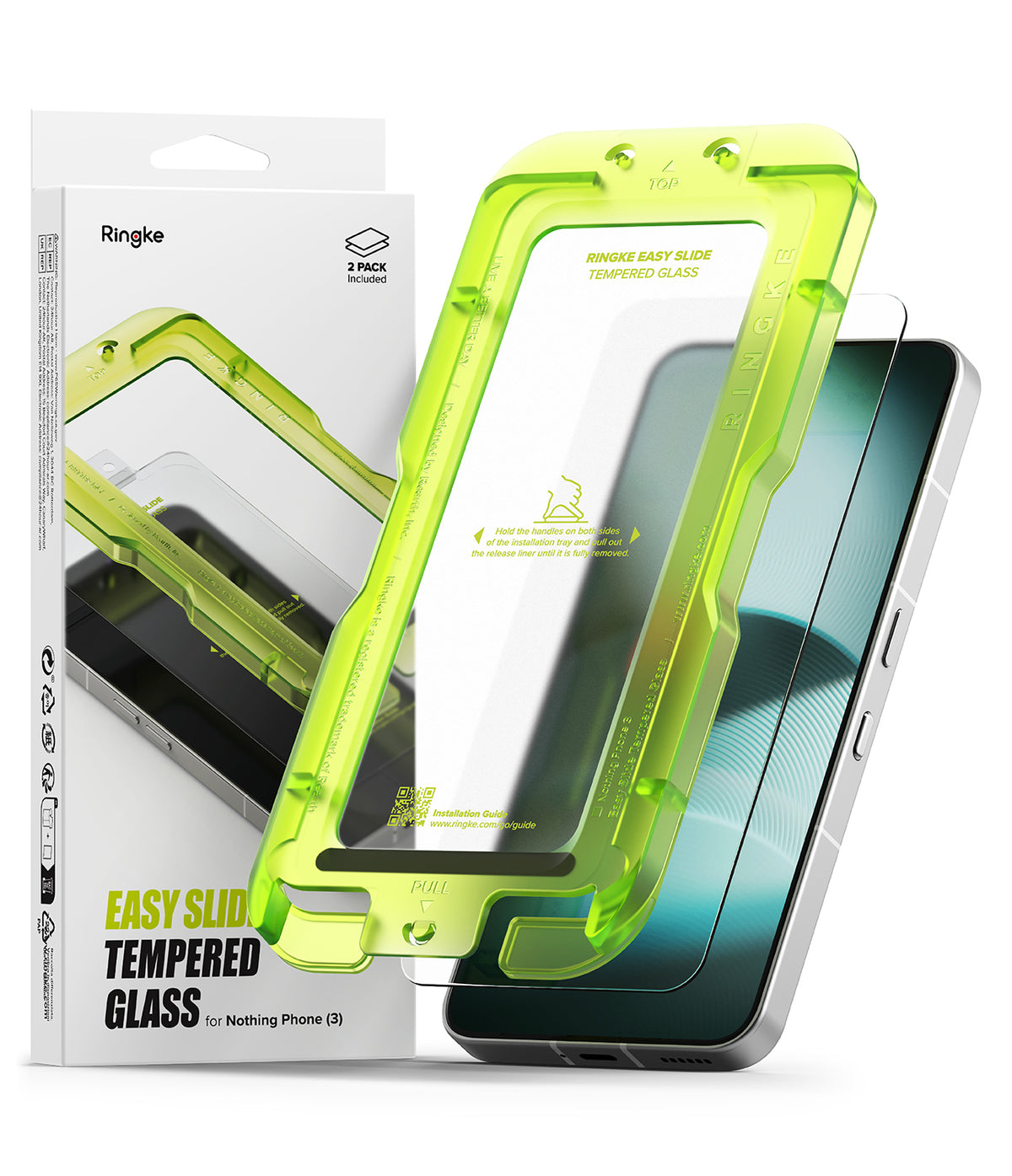Nothing Phone (3) Screen Protector | Easy Slide Tempered Glass - Nothing Phone (3) Screen Protector - Neon green installation tray with tempered glass screen protector for Nothing Phone (3).
