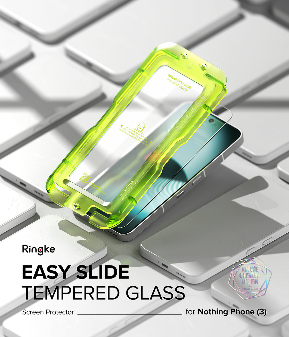 Nothing Phone (3) Screen Protector | Easy Slide Tempered Glass - Nothing Phone (3) Screen Protector - Bright green installation tray hovering over a Nothing Phone (3) on a grid of phones.