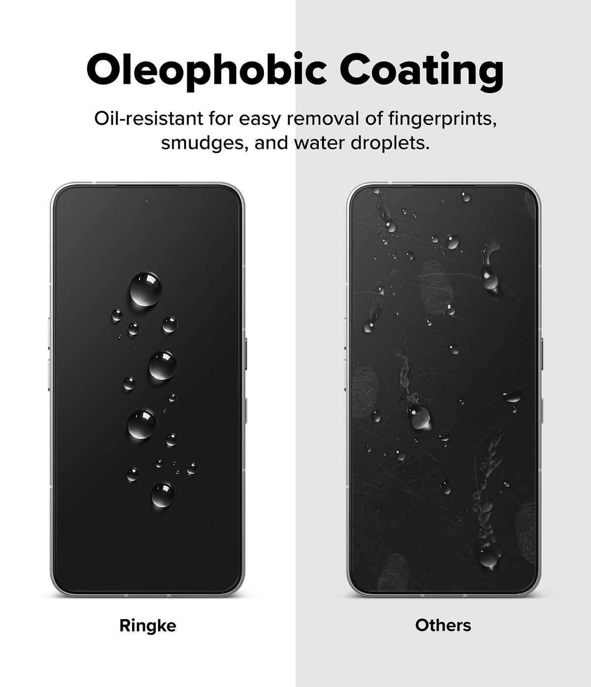 Nothing Phone (3) Screen Protector | Easy Slide Tempered Glass - Nothing Phone (3) Screen Protector - Comparison showing water beading on a Ringke screen versus smudged water on others.