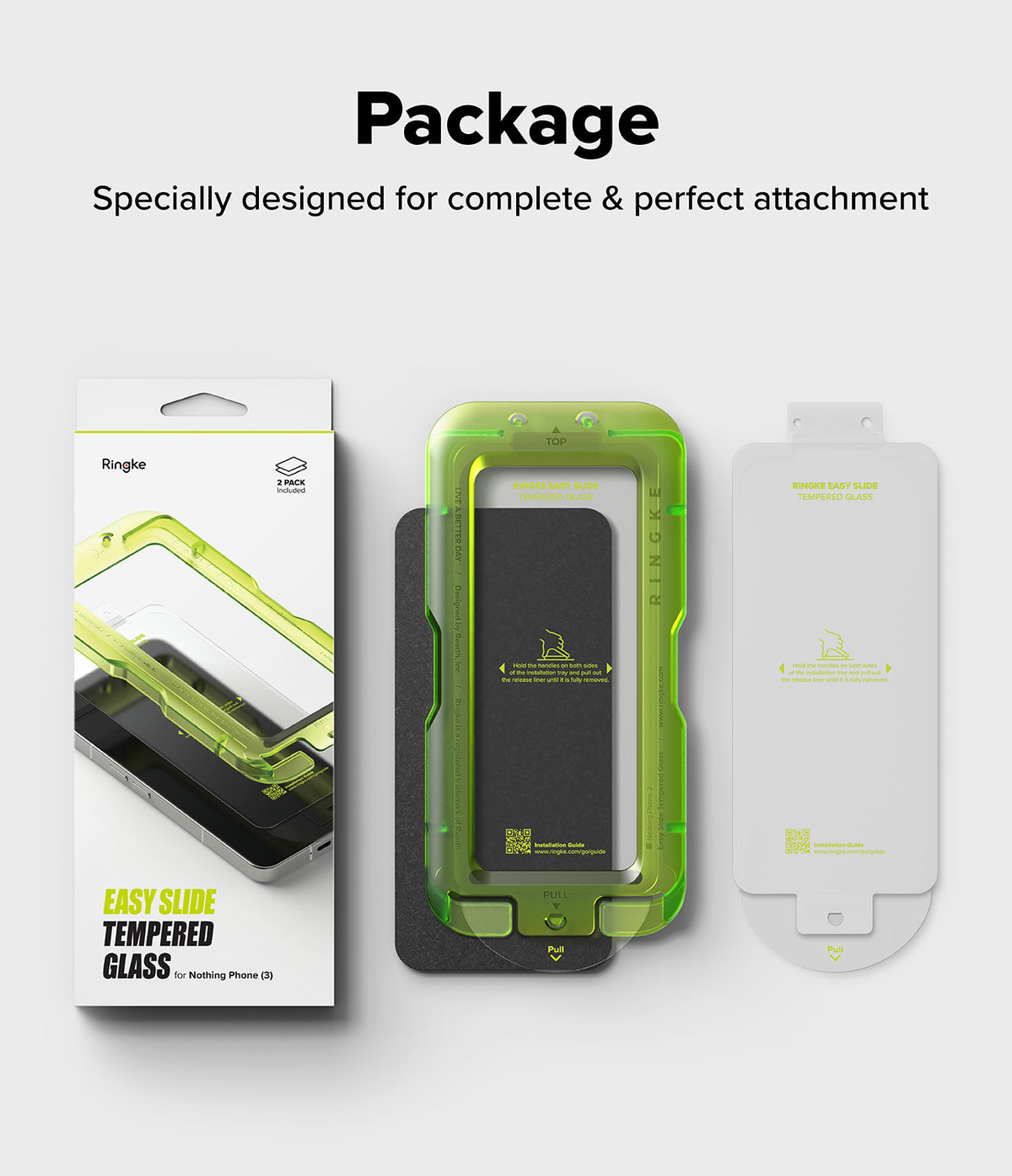 Nothing Phone (3) Screen Protector | Easy Slide Tempered Glass - Nothing Phone (3) Screen Protector - Ringke Easy Slide tempered glass kit with retail box, installation tray, and screen film.