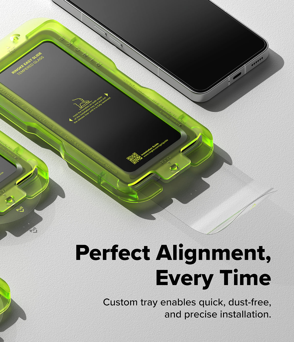 Nothing Phone (3) Screen Protector | Easy Slide Tempered Glass - Nothing Phone (3) Screen Protector - Neon green installation tray with tempered glass for a smartphone on a gray surface.