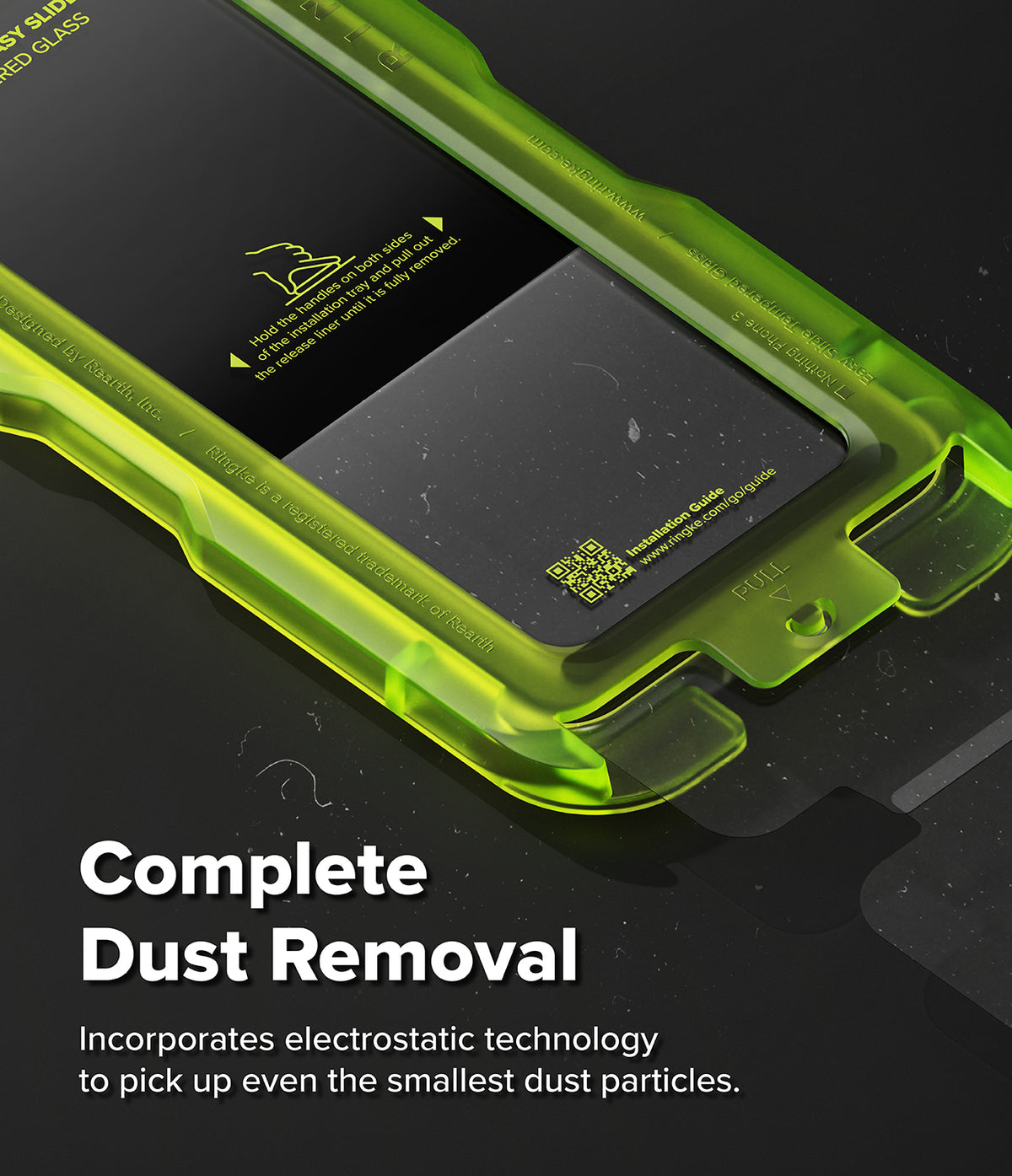 Nothing Phone (3) Screen Protector | Easy Slide Tempered Glass - Nothing Phone (3) Screen Protector - Neon green installation tray for screen protector with dust removal instructions.