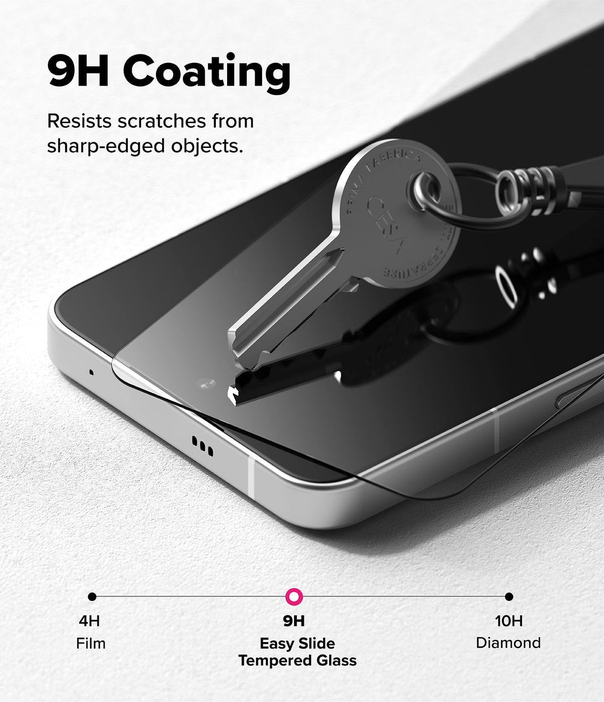 Nothing Phone (3) Screen Protector | Easy Slide Tempered Glass - Nothing Phone (3) Screen Protector - A metal key scratching a 9H tempered glass screen protector on a smartphone.
