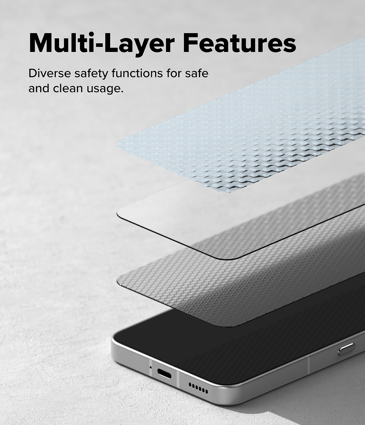 Nothing Phone (3) Screen Protector | Easy Slide Tempered Glass - Nothing Phone (3) Screen Protector - Exploded view showing three distinct layers of protective film above a smartphone.