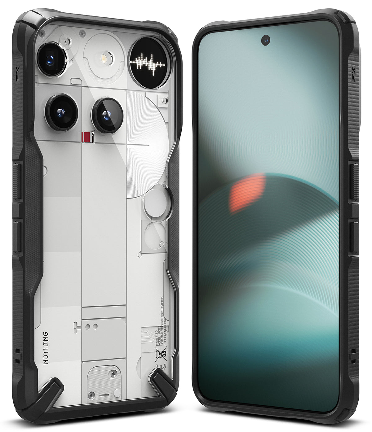 Nothing Phone (3) Case | Fusion-X - Front and back views of a Nothing Phone (3) in a rugged black protective case.