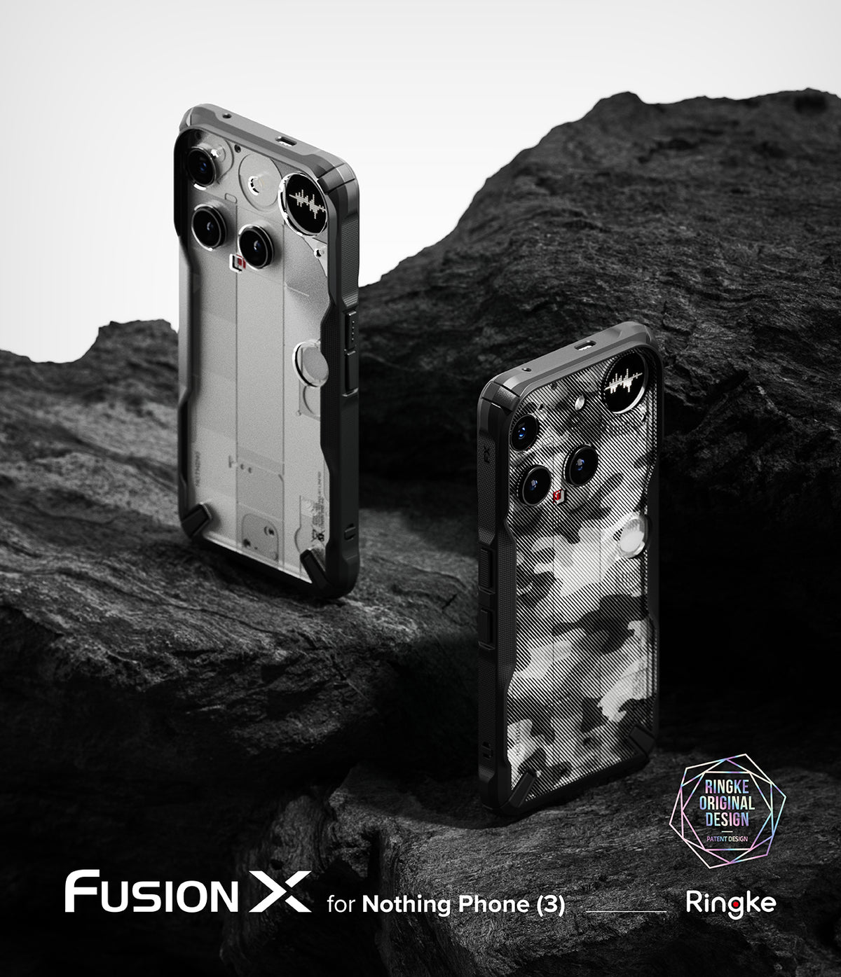 Nothing Phone (3) Case | Fusion-X - Two Nothing Phone (3) devices in Fusion-X cases resting on dark, jagged volcanic rock.