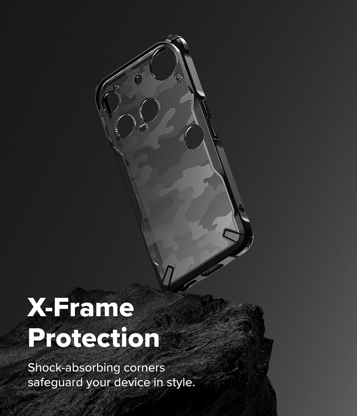Nothing Phone (3) Case | Fusion-X - Camouflage patterned phone case with reinforced corners resting on a dark rock.
