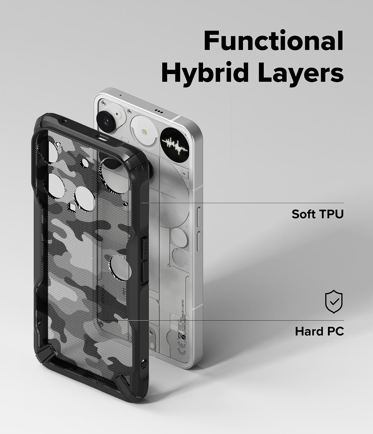 Nothing Phone (3) Case | Fusion-X - Exploded view of a Nothing Phone (3) and its hybrid TPU and PC protective case.