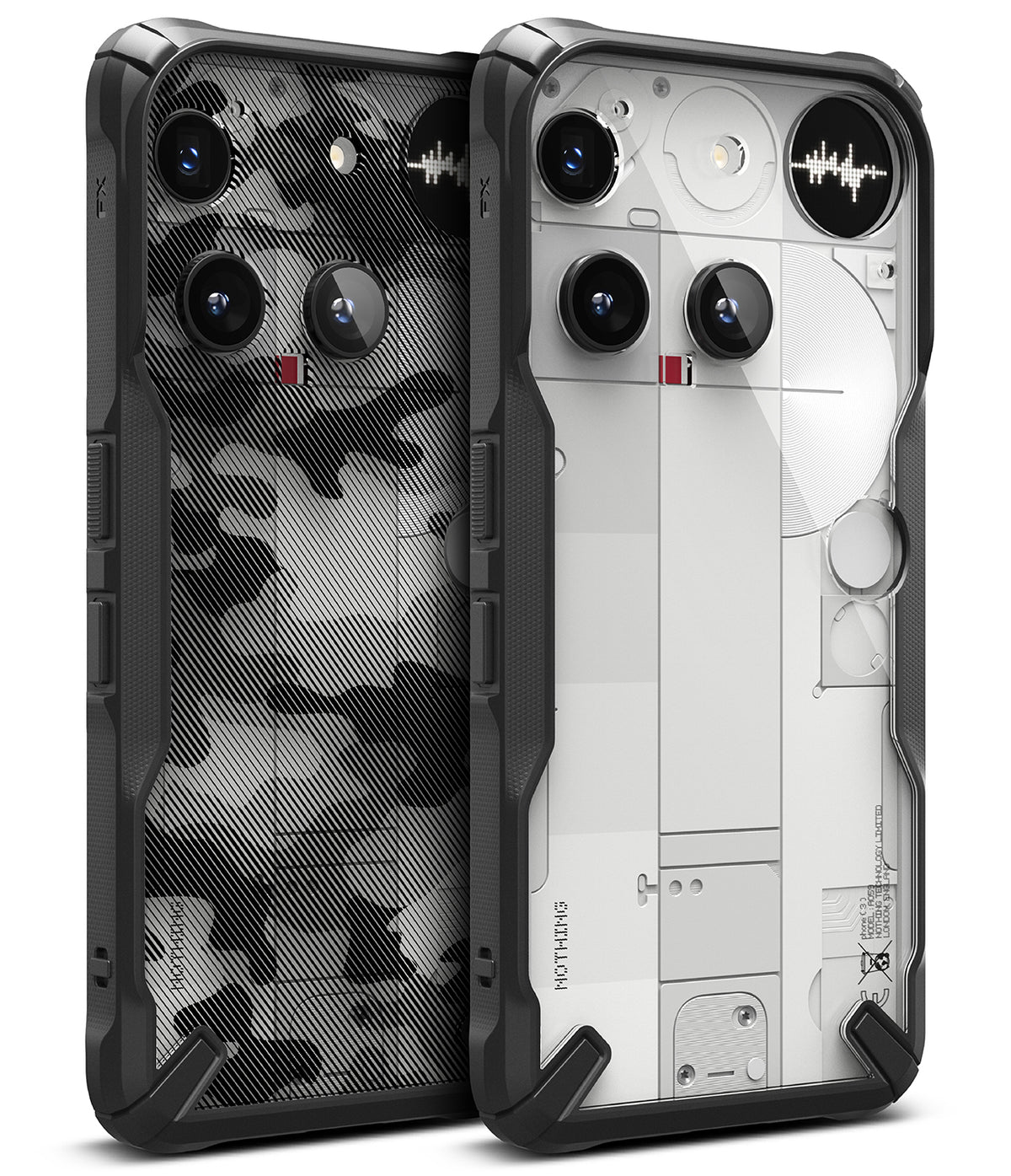 Nothing Phone (3) Case | Fusion-X - Two Nothing Phone (3) devices in black rugged cases with clear and camo back designs.