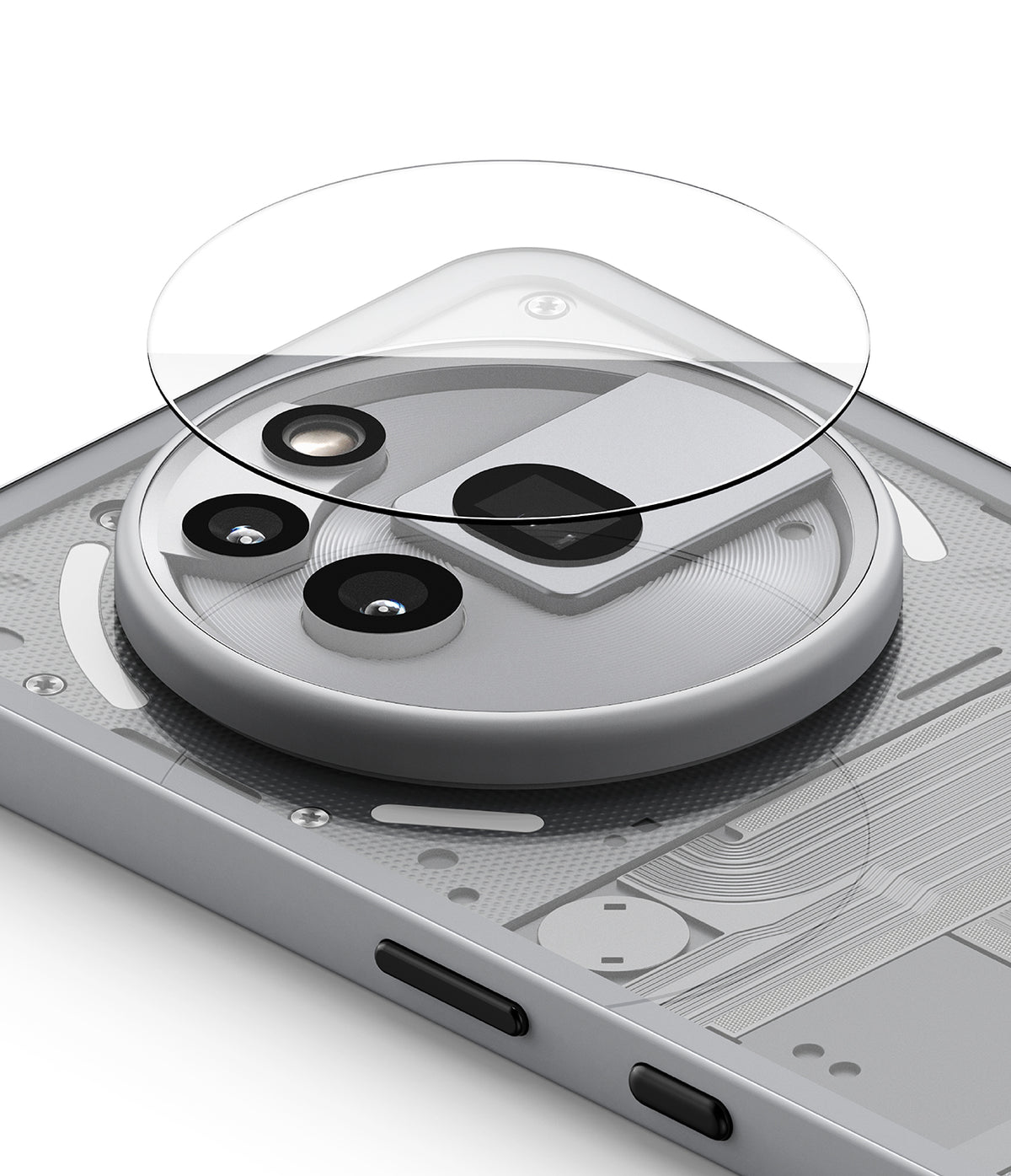 Nothing Phone (3a) Pro | Camera Glass - A circular glass protector hovering above the triple-lens camera module.