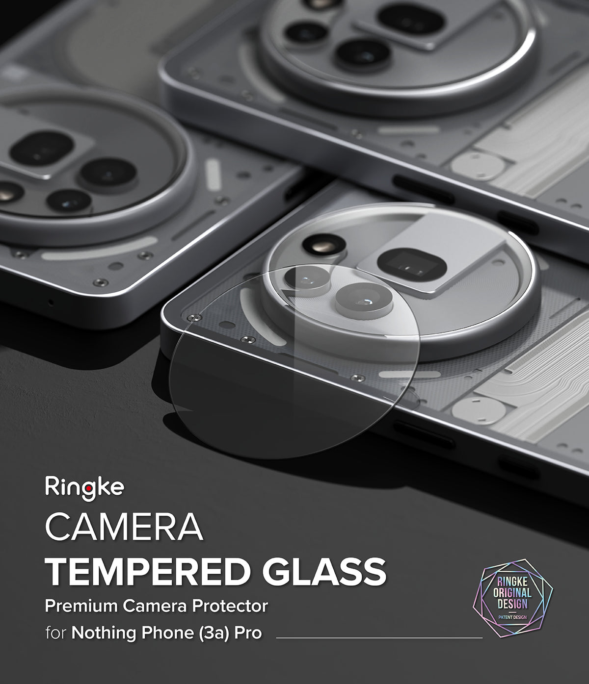 Nothing Phone (3a) Pro | Camera Glass - Transparent tempered glass protector hovering over the Nothing Phone camera module.
