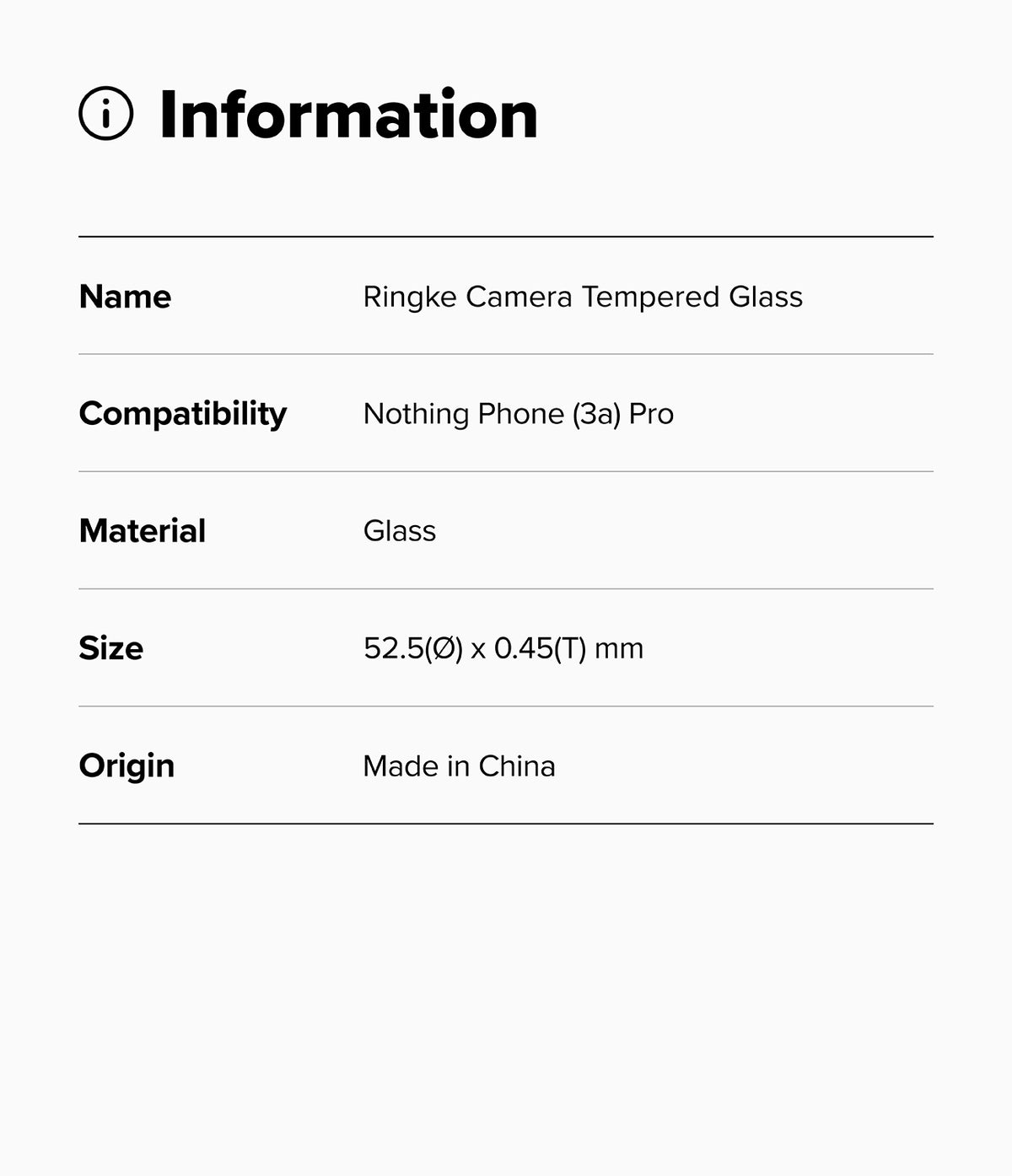 Nothing Phone (3a) Pro | Camera Glass - Information table listing product name, compatibility, material, size, and origin.