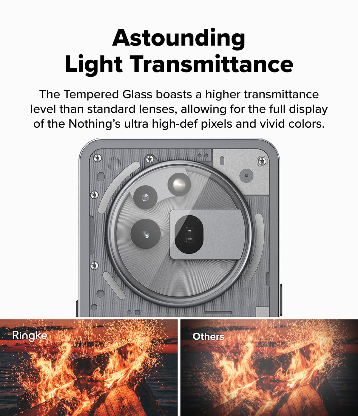 Nothing Phone (3a) Pro | Camera Glass - Comparison showing clearer, brighter fire imagery with Ringke glass versus others.