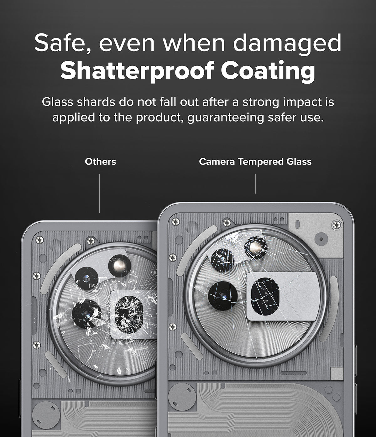 Nothing Phone (3a) Pro | Camera Glass - Comparison showing shattered standard glass versus intact shatterproof camera glass.