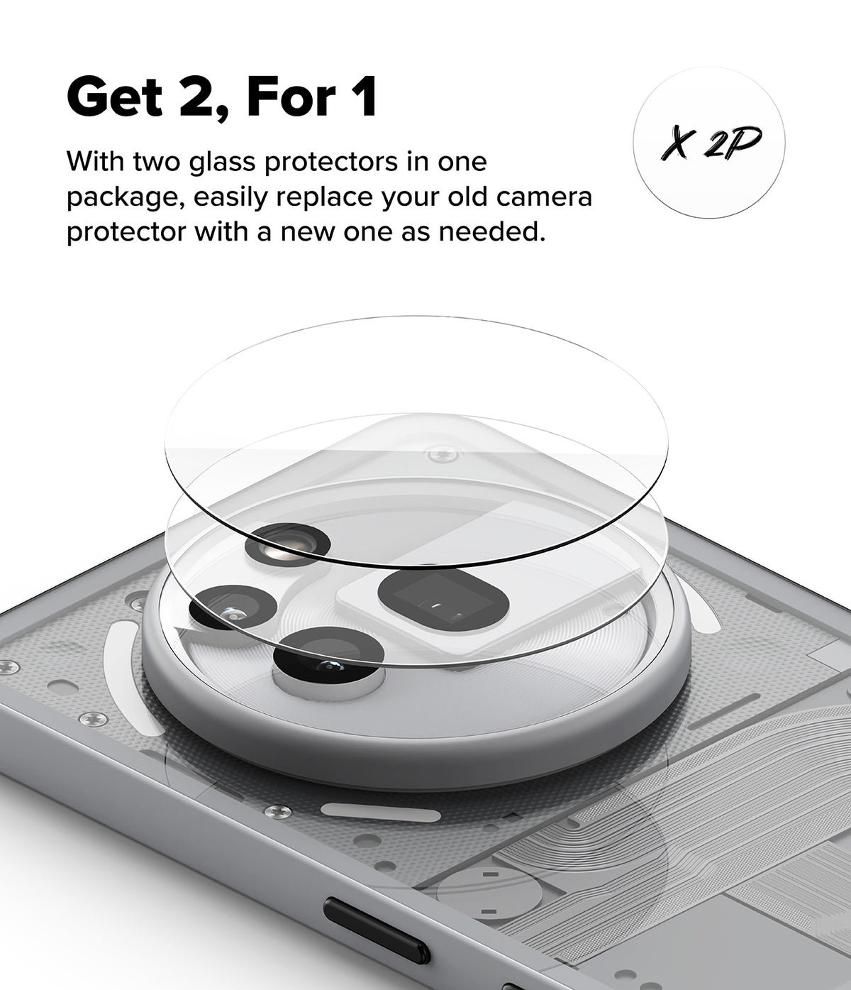 Nothing Phone (3a) Pro | Camera Glass - Two transparent glass protectors hovering above the phone's camera module.