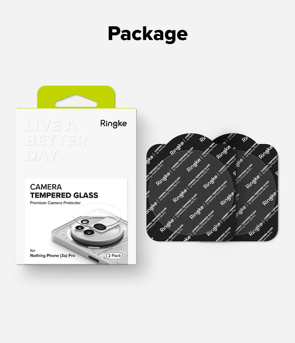 Nothing Phone (3a) Pro | Camera Glass - Ringke camera tempered glass protector packaging and two protective sheets.