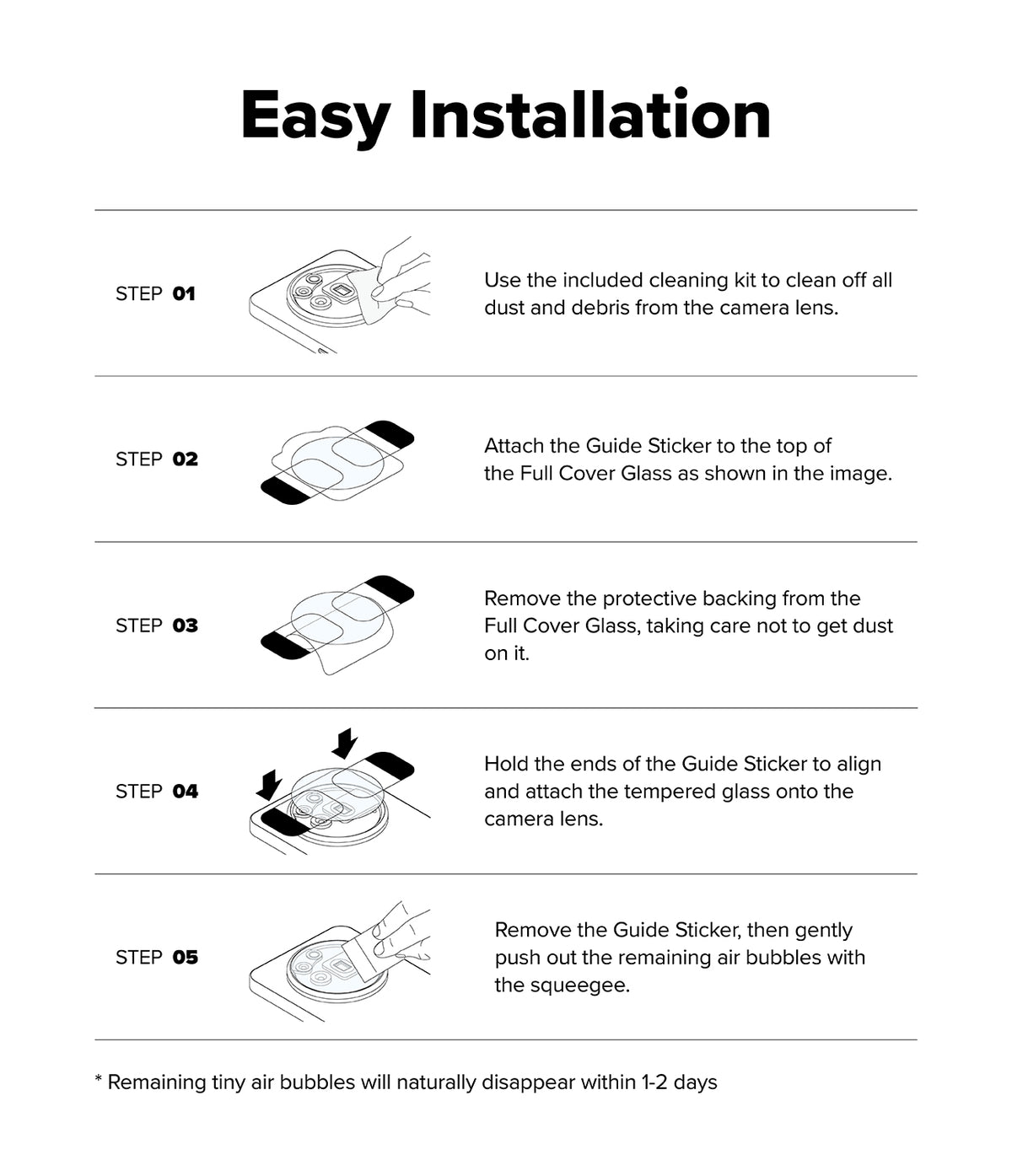 Nothing Phone (3a) Pro | Camera Glass - Five-step installation guide for applying a camera lens protector.