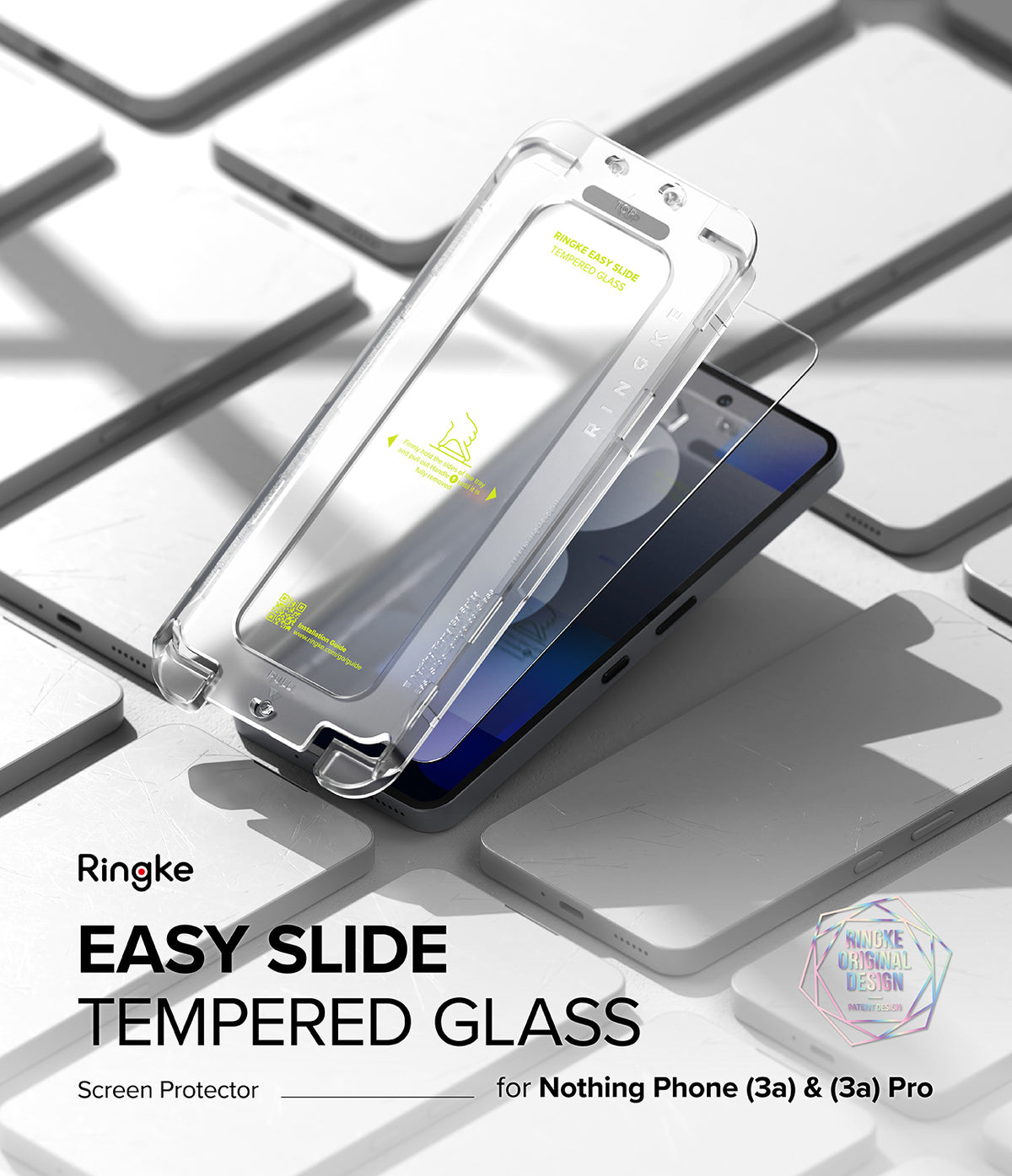 Nothing Phone (3a) / (3a) Pro Screen Protector | Easy Slide Tempered Glass - Easy Slide tempered glass installation tray hovering over a smartphone.