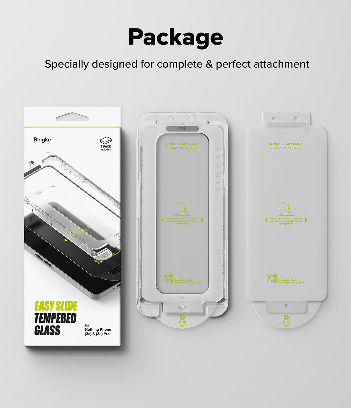 Nothing Phone (3a) / (3a) Pro Screen Protector | Easy Slide Tempered Glass - Ringke Easy Slide tempered glass kit with box, installation tray, and film.