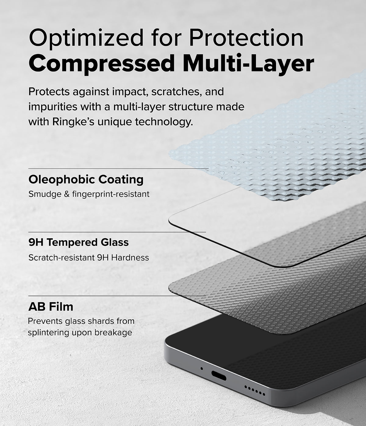Nothing Phone (3a) / (3a) Pro Screen Protector | Easy Slide Tempered Glass - Exploded view showing multi-layer tempered glass structure above a smartphone.