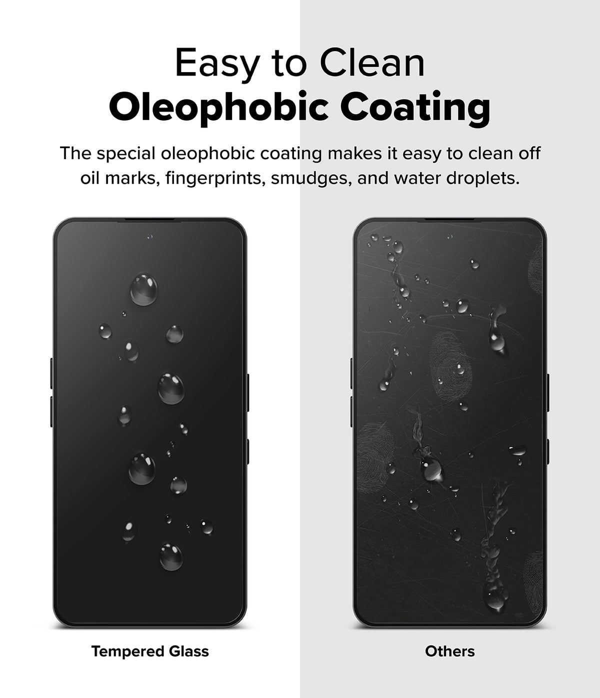 Nothing Phone (3a) / (3a) Pro Screen Protector | Easy Slide Tempered Glass - Comparison showing water beading on oleophobic glass vs smudged screen.