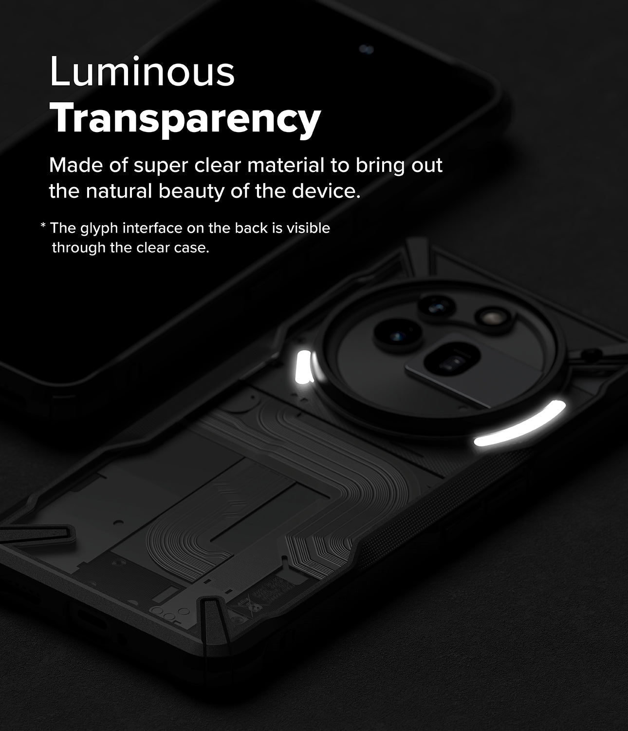 Nothing Phone (3a) Pro Case | Fusion-X - Clear case on a Nothing phone showing the glowing glyph interface and internal design.