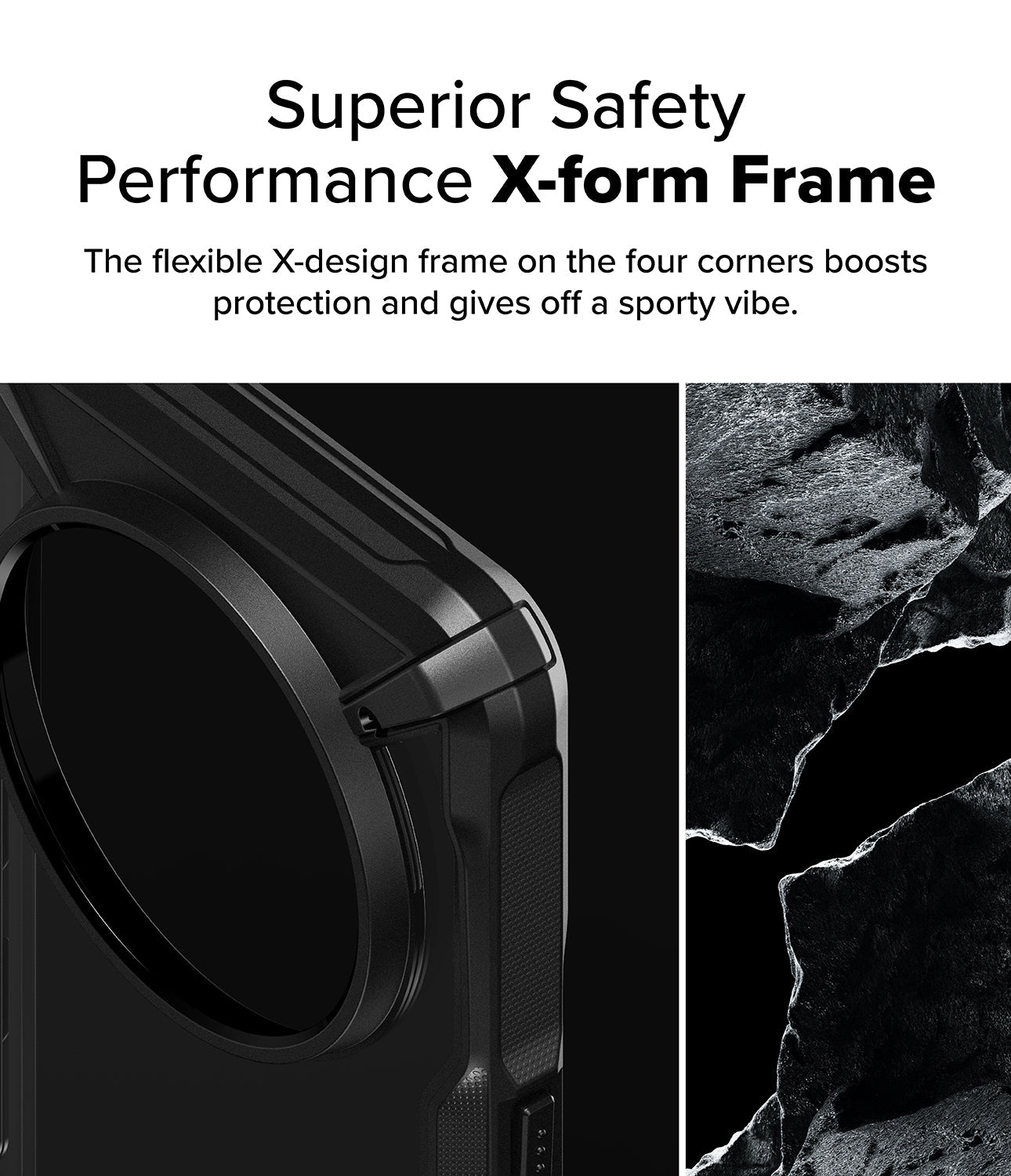 Nothing Phone (3a) Pro Case | Fusion-X - Close-up of a black phone case corner with a reinforced X-design frame next to rock.