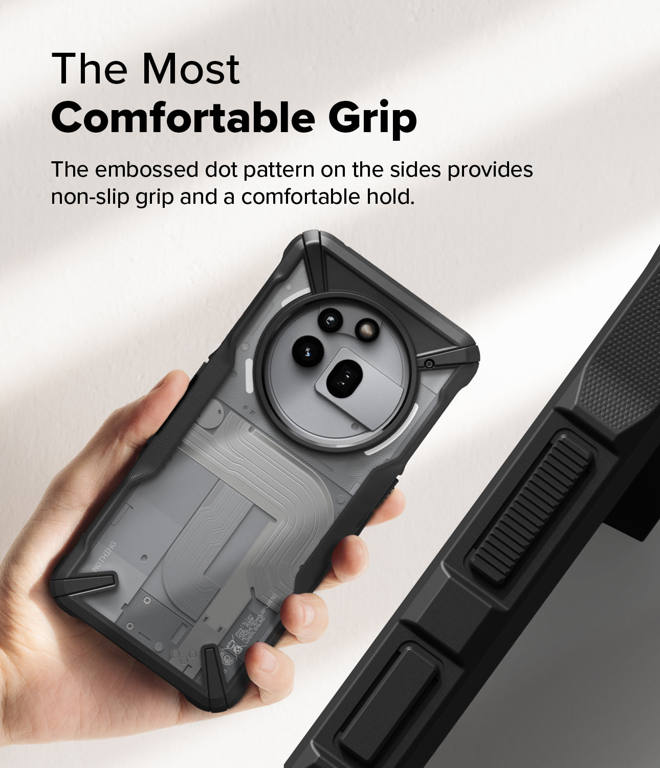 Nothing Phone (3a) Pro Case | Fusion-X - A hand holds a Nothing phone in a black Fusion-X case with textured side grips.