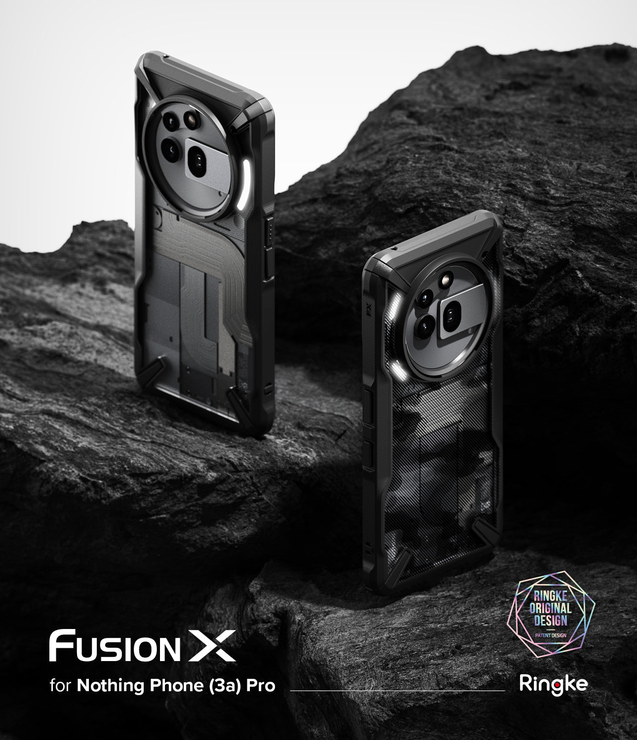 Nothing Phone (3a) Pro Case | Fusion-X - Two black rugged phone cases standing on dark, textured volcanic rock.