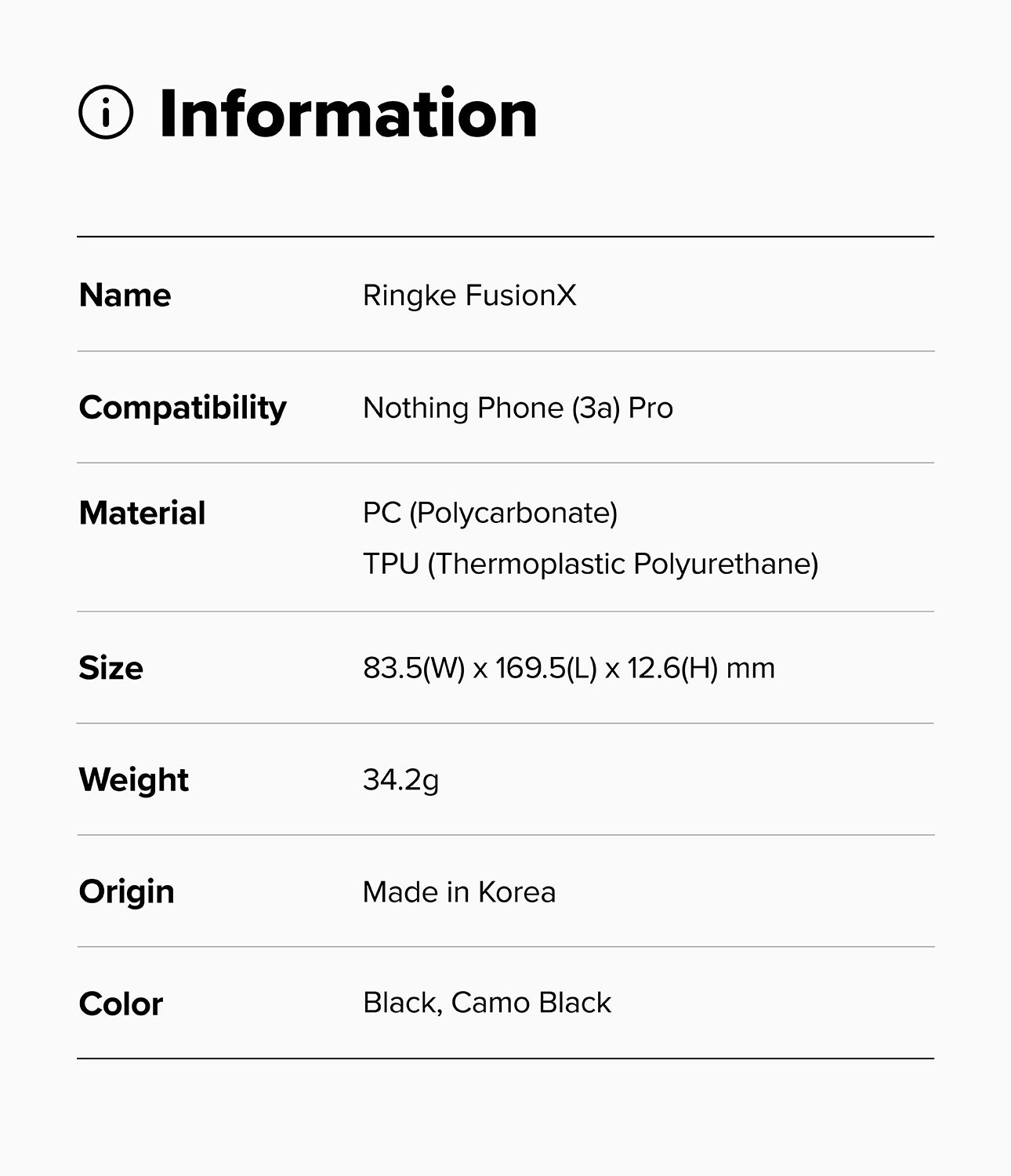 Nothing Phone (3a) Pro Case | Fusion-X - Information table listing product name, compatibility, material, size, weight, origin, and color.