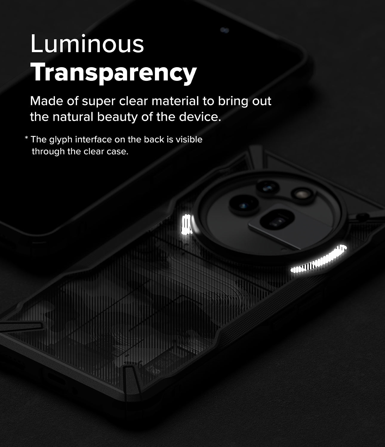 Nothing Phone (3a) Pro Case | Fusion-X - Clear phone case showing the glowing glyph interface on the back of a phone.