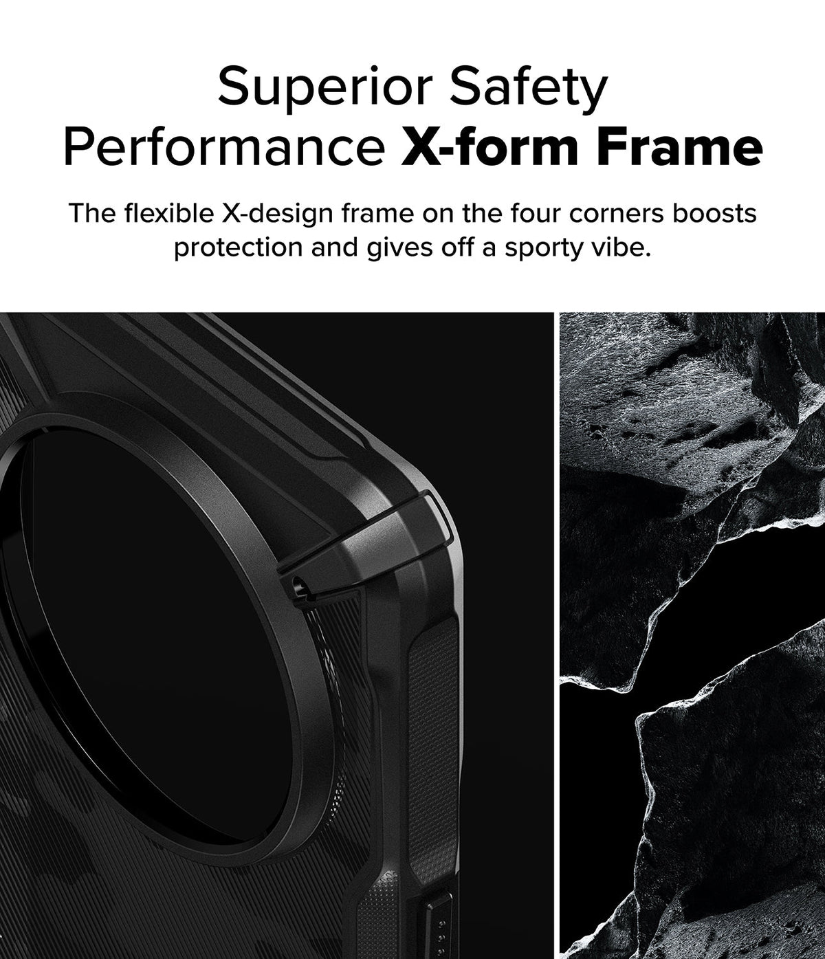 Nothing Phone (3a) Pro Case | Fusion-X - Close-up of a black phone case corner with an X-form frame next to jagged rock.