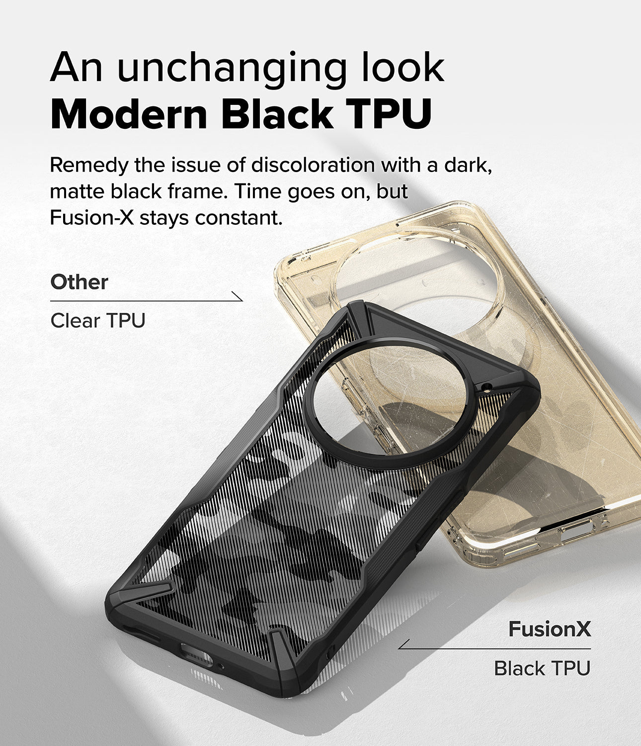 Nothing Phone (3a) Pro Case | Fusion-X - A black Fusion-X phone case compared to a discolored, yellowed clear TPU case.