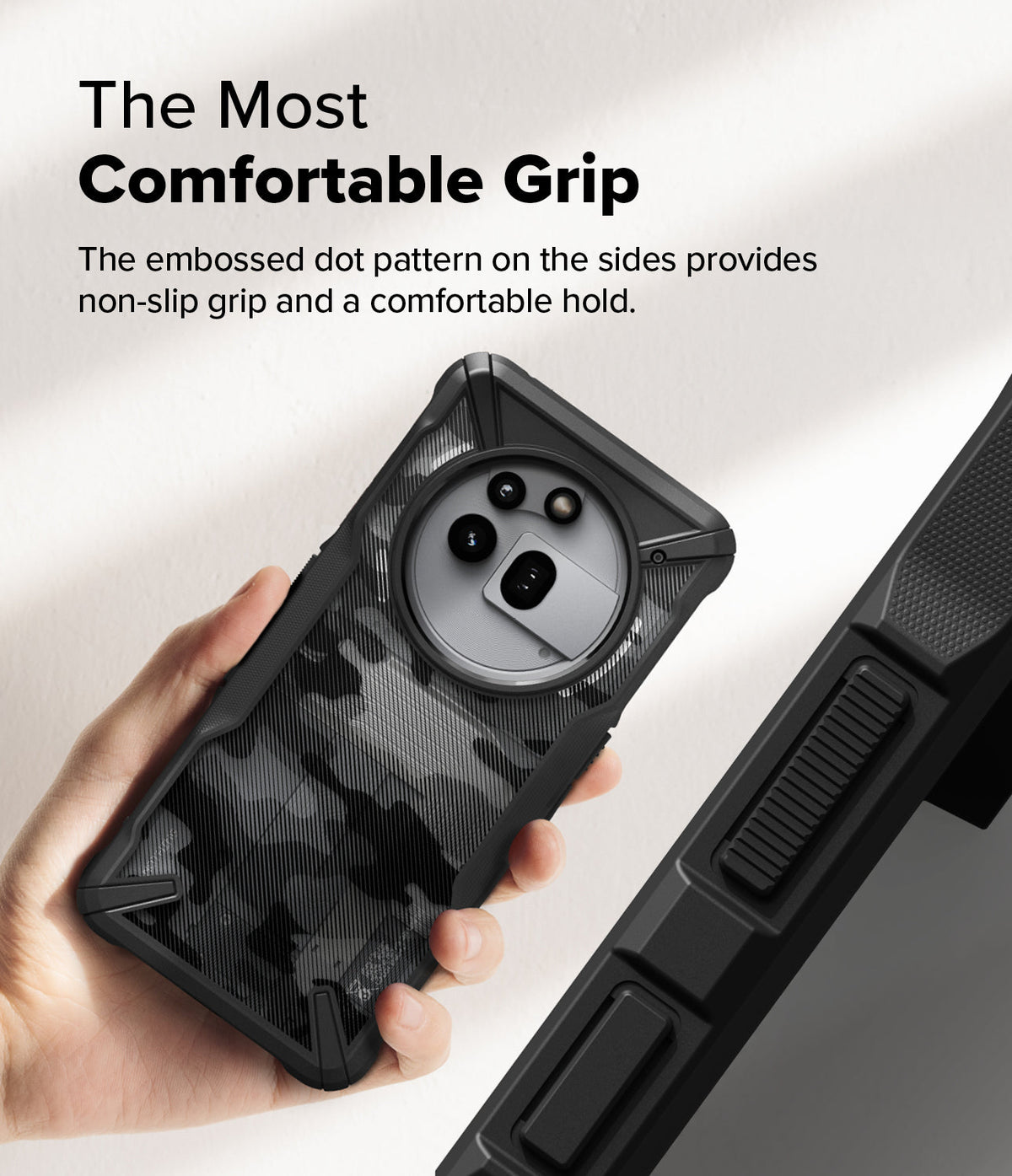 Nothing Phone (3a) Pro Case | Fusion-X - Hand holding a camo-patterned phone case with textured side grips for comfort.
