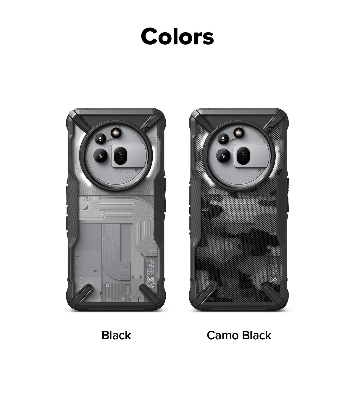 Nothing Phone (3a) Pro Case | Fusion-X - Two rugged phone cases in Black and Camo Black side-by-side on a white background.