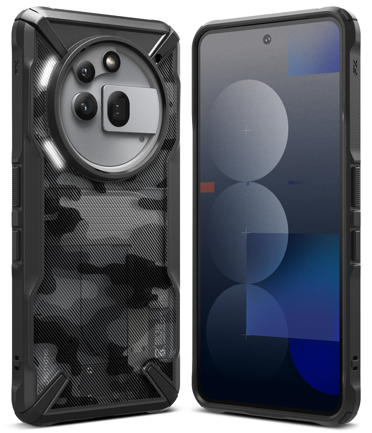 Nothing Phone (3a) Pro Case | Fusion-X - Rugged black camo phone case with circular camera cutout and front screen view.