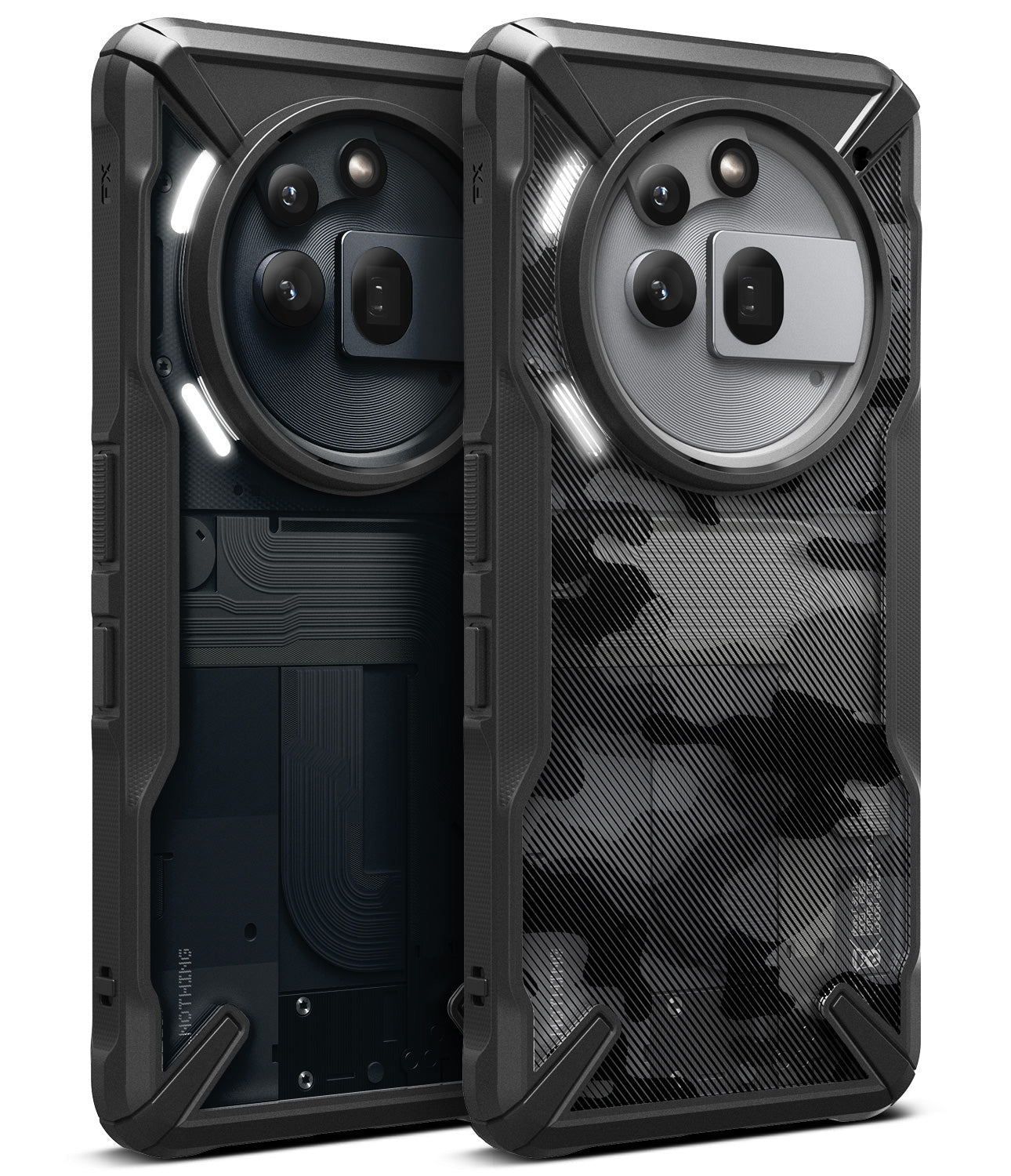 Nothing Phone (3a) Pro Case | Fusion-X - Two rugged black phone cases with circular camera cutouts and distinct back patterns.