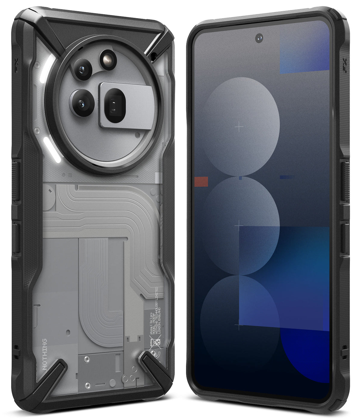 Nothing Phone (3a) Pro Case | Fusion-X - Rugged black protective case on a Nothing phone showing back and front views.