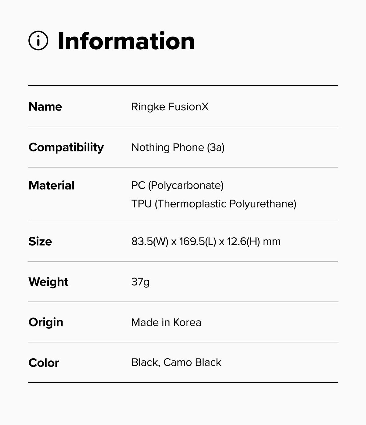 Nothing Phone (3a) Case | Fusion-X - Information table listing specifications for the Ringke FusionX case.