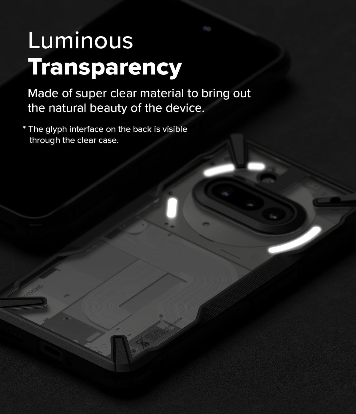 Nothing Phone (3a) Case | Fusion-X - Clear protective case showing the glowing glyph interface on a Nothing phone.