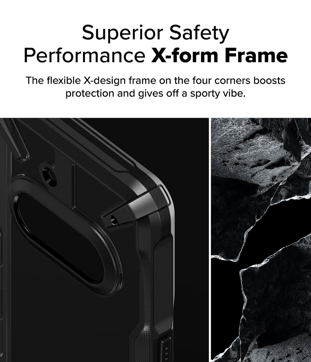 Nothing Phone (3a) Case | Fusion-X - Close-up of a black phone case corner with a reinforced X-shaped frame design next to rock textures.