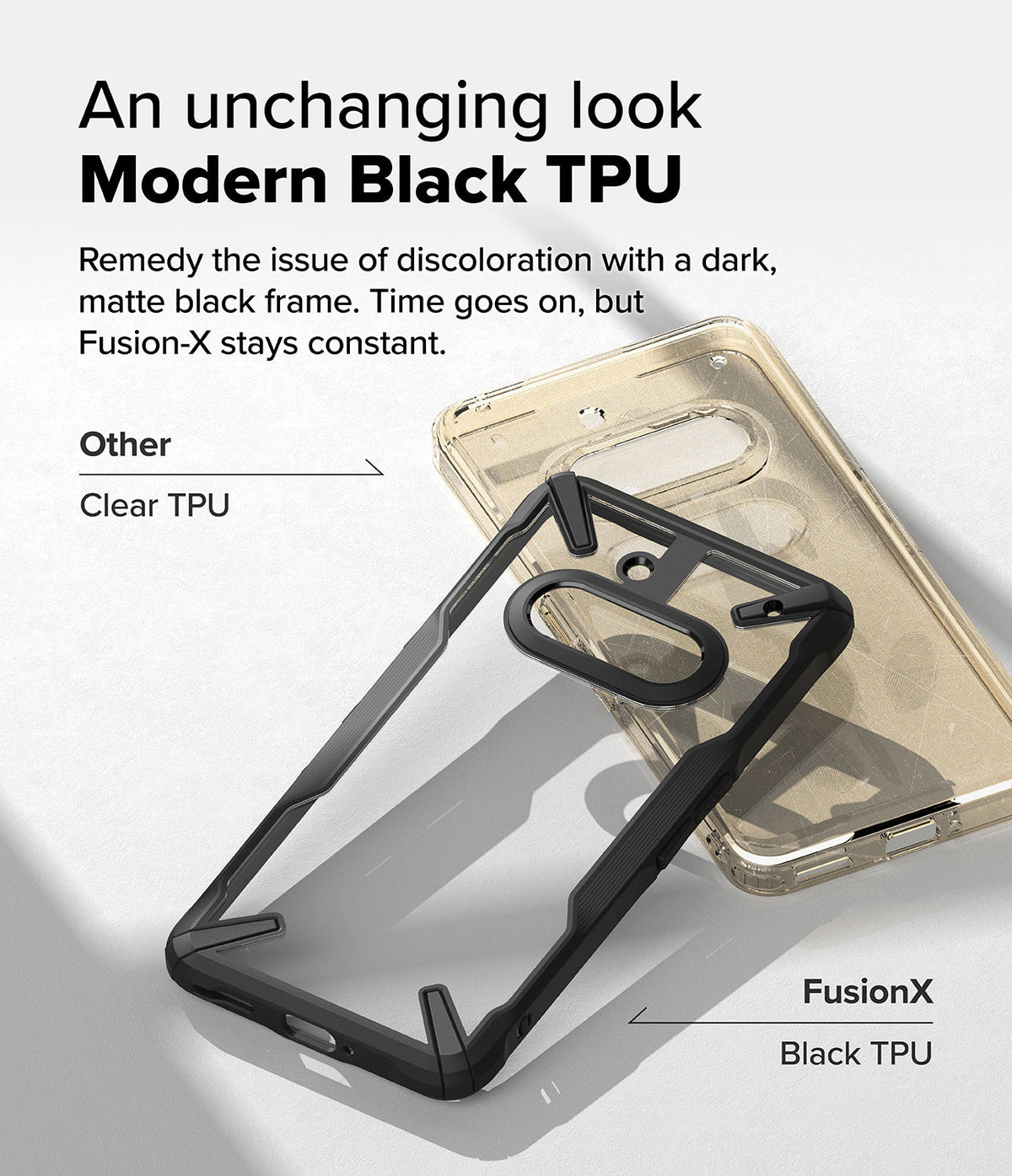 Nothing Phone (3a) Case | Fusion-X - A clear phone case with a black frame compared to a discolored, yellowed clear case.
