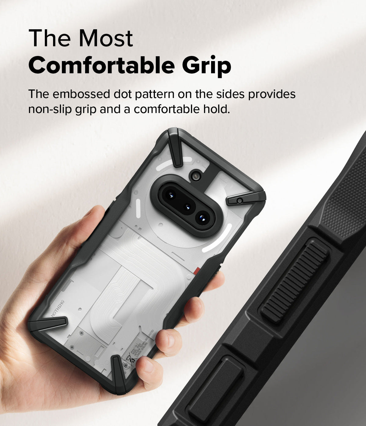 Nothing Phone (3a) Case | Fusion-X - Hand holding a Nothing Phone in a black Fusion-X case with textured side grips.