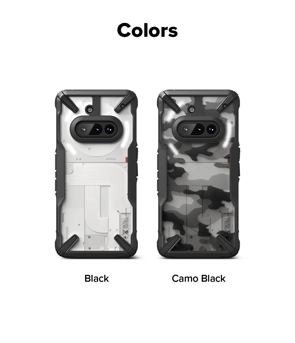 Nothing Phone (3a) Case | Fusion-X - Two rugged phone cases in Black and Camo Black shown side-by-side on a white background.