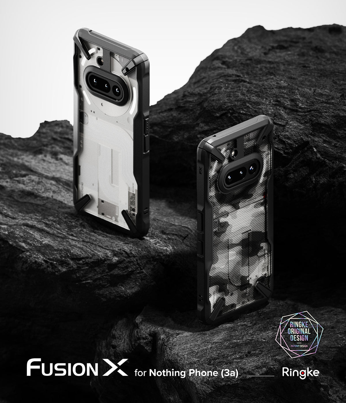 Nothing Phone (3a) Case | Fusion-X - Two rugged Fusion-X phone cases displayed on dark, textured volcanic rock.