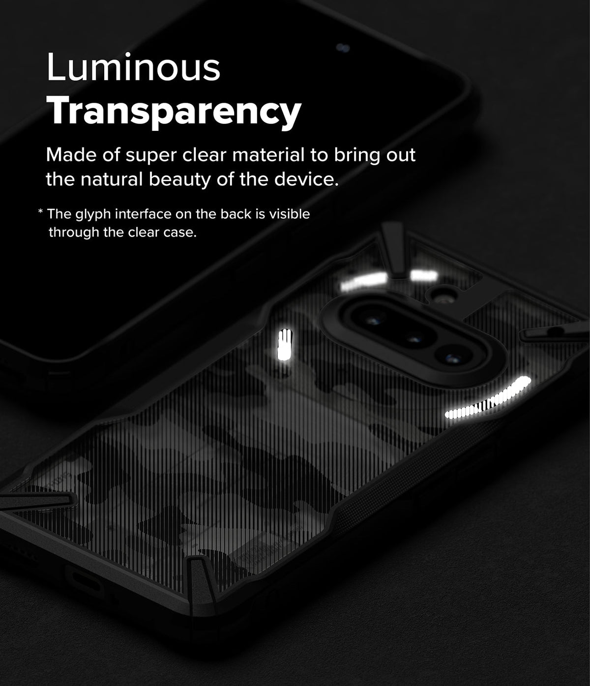 Nothing Phone (3a) Case | Fusion-X - Clear phone case with camo pattern showing glowing glyph lights on the back.