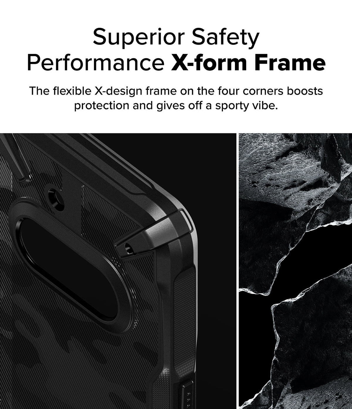 Nothing Phone (3a) Case | Fusion-X - Close-up of a black phone case corner with a reinforced X-design frame next to a rocky texture.