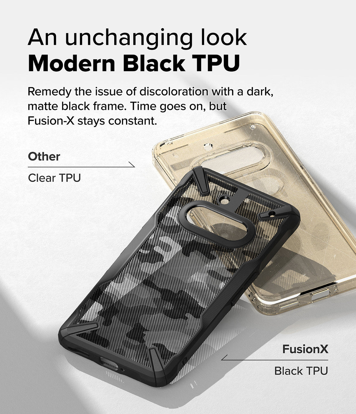 Nothing Phone (3a) Case | Fusion-X - A black Fusion-X phone case compared to a discolored clear case on a white background.