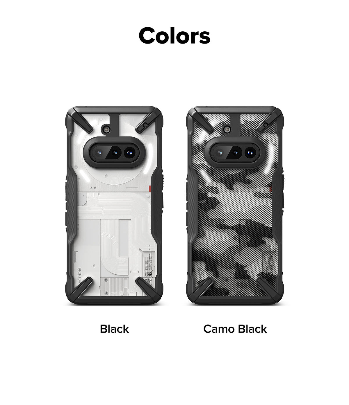 Nothing Phone (3a) Case | Fusion-X - Two rugged phone cases in Black and Camo Black shown from the back.